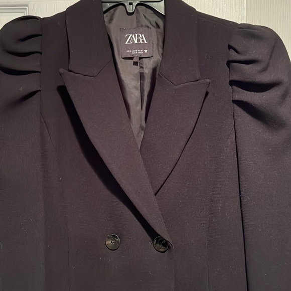 ZARA Cropped Black Double Breasted Blazer Jacket With Puffed Sleeves EUC - Picture 5 of 9